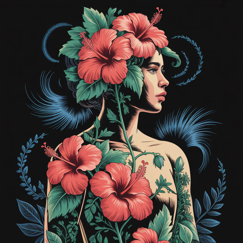 Illustration of Woman's Profile with Hibiscus Flowers