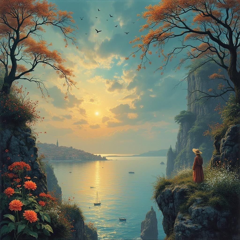 Sunset Landscape Over Tranquil Bay with Foliage
