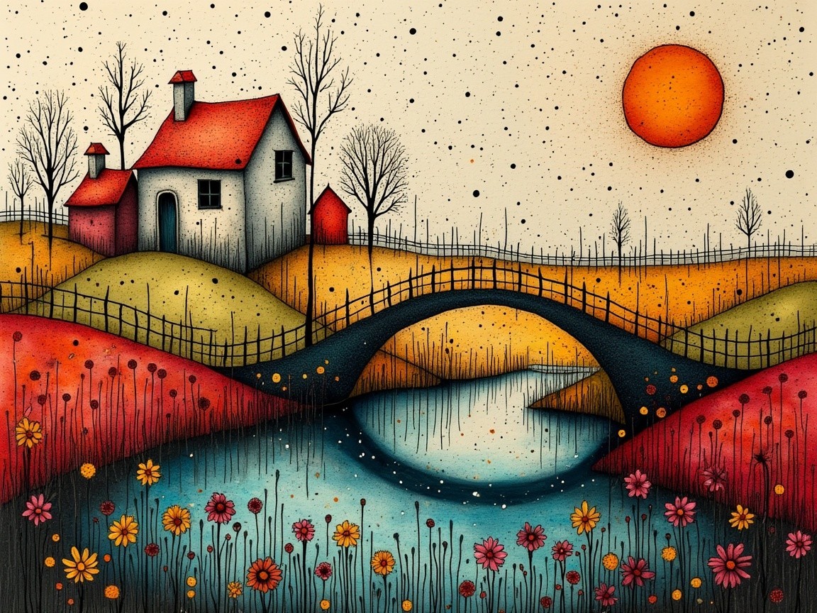 Whimsical landscape with charming house and colorful bridge