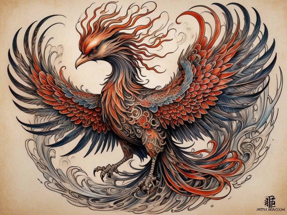 Majestic Phoenix in Flight with Vibrant Feathers