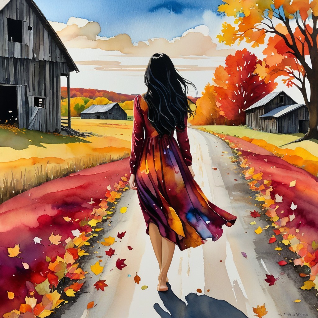 Woman in Colorful Dress on Autumn Rural Road