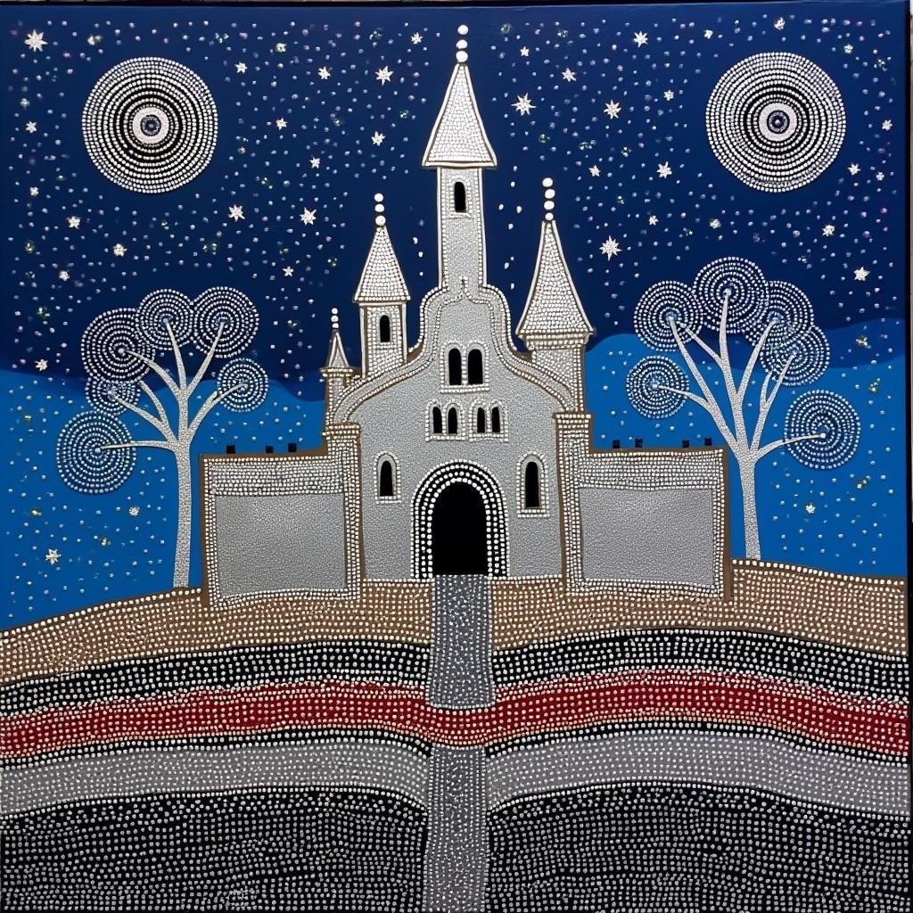 Whimsical Castle Night Scene with Starry Background