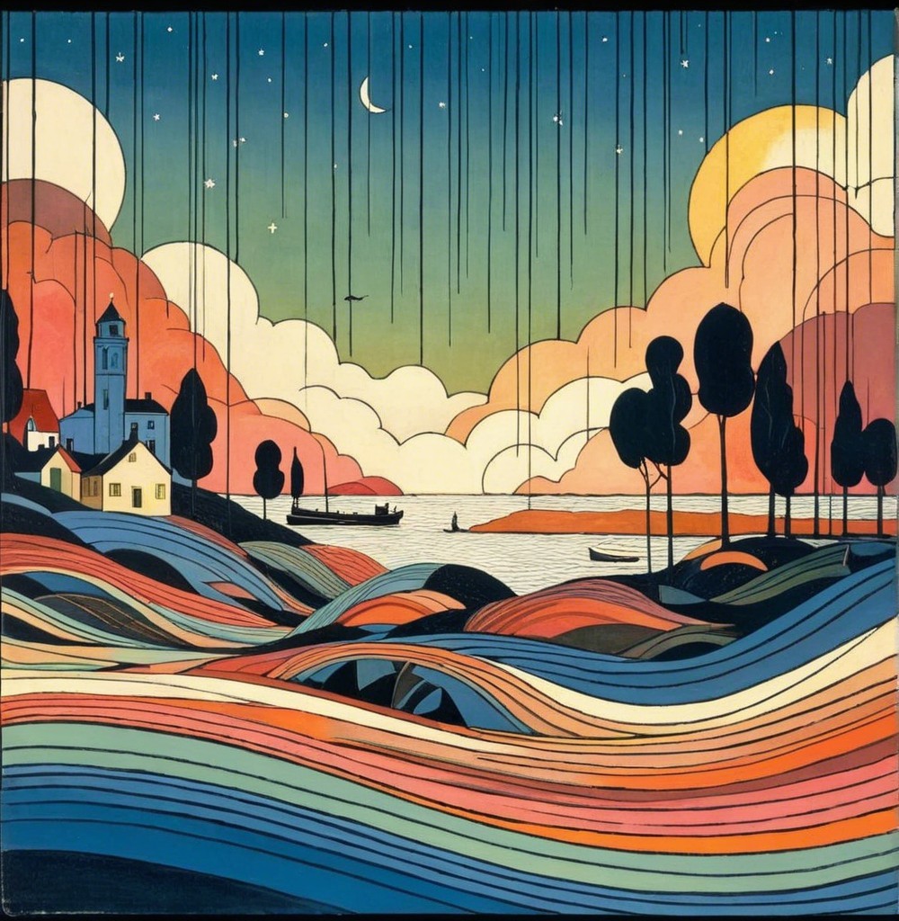 Vibrant Landscape with Waves and Quaint Village Scene