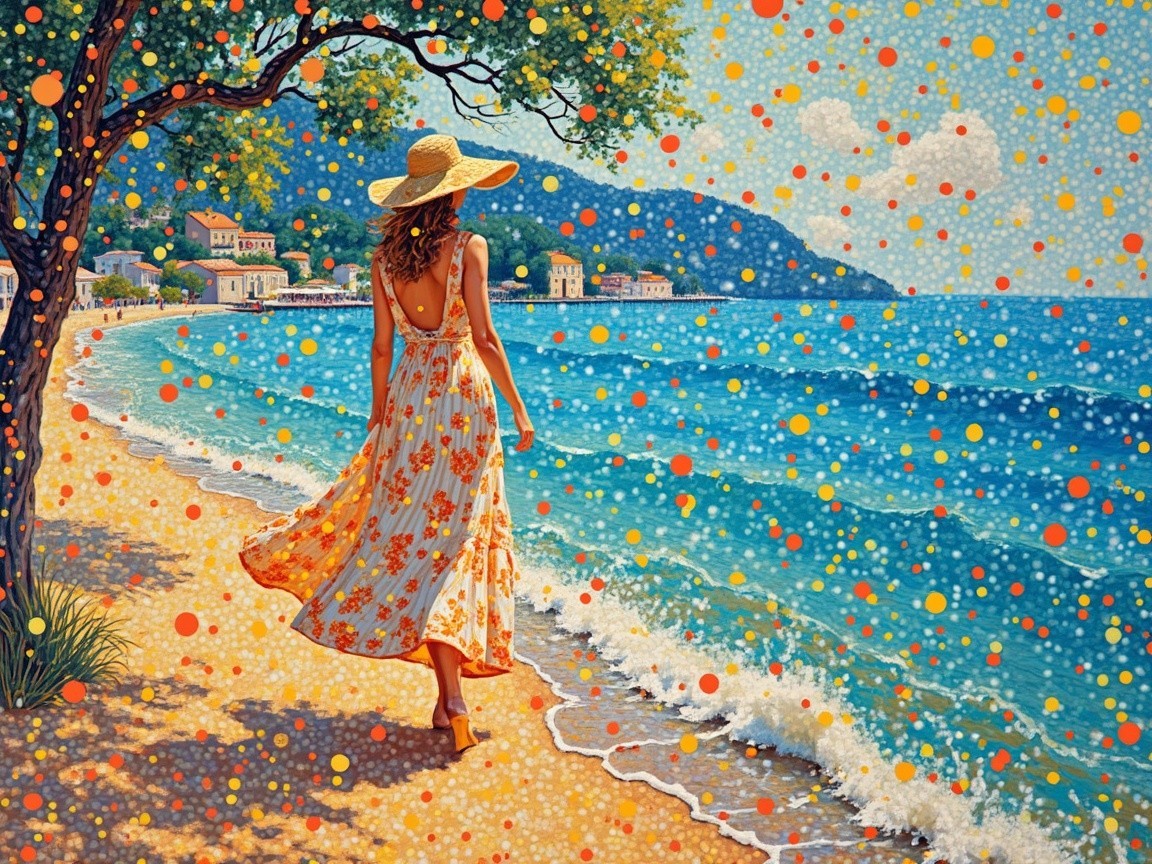 Woman in Floral Dress on Sunlit Beach Scene