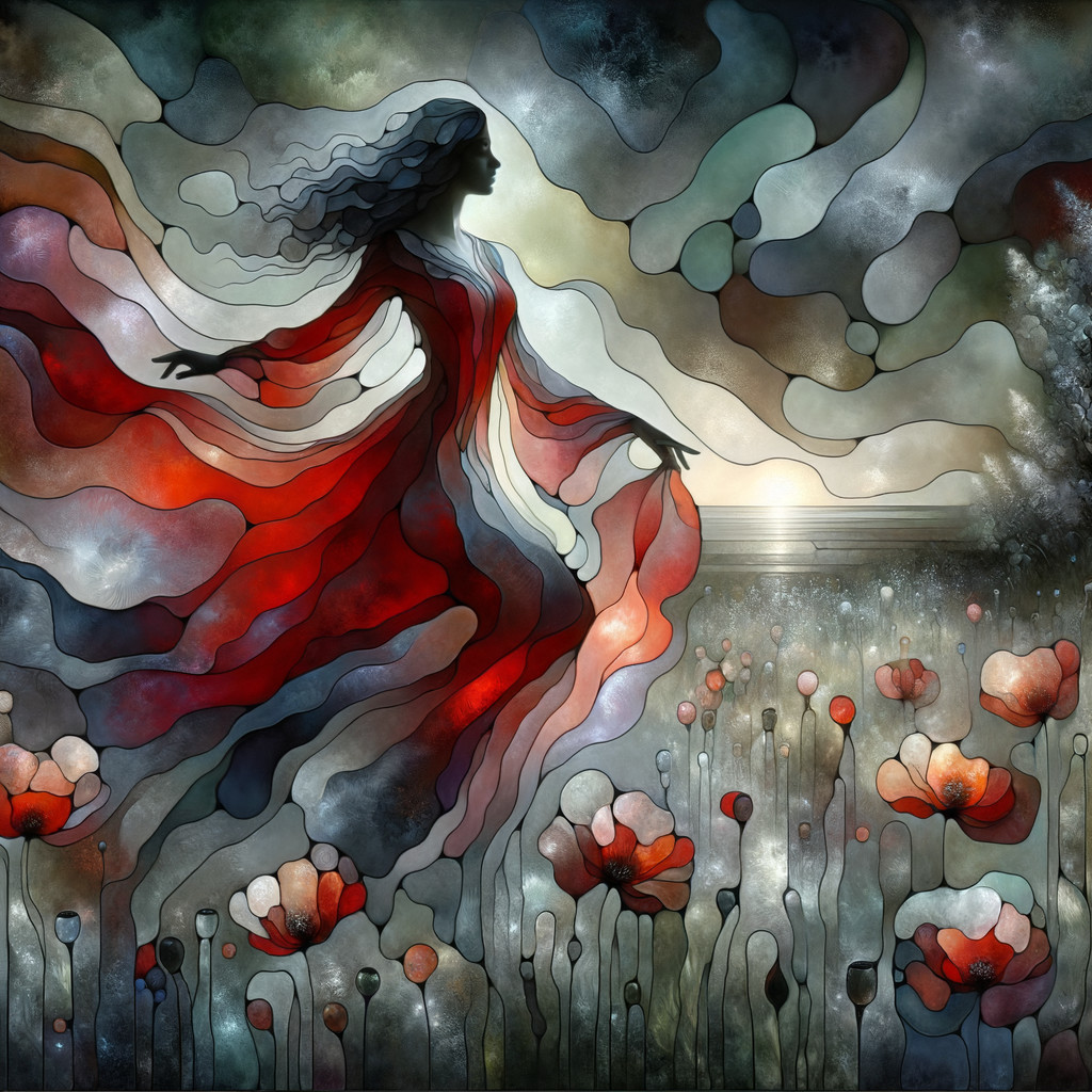 Ethereal Figure in Red Gown Dancing Among Poppies