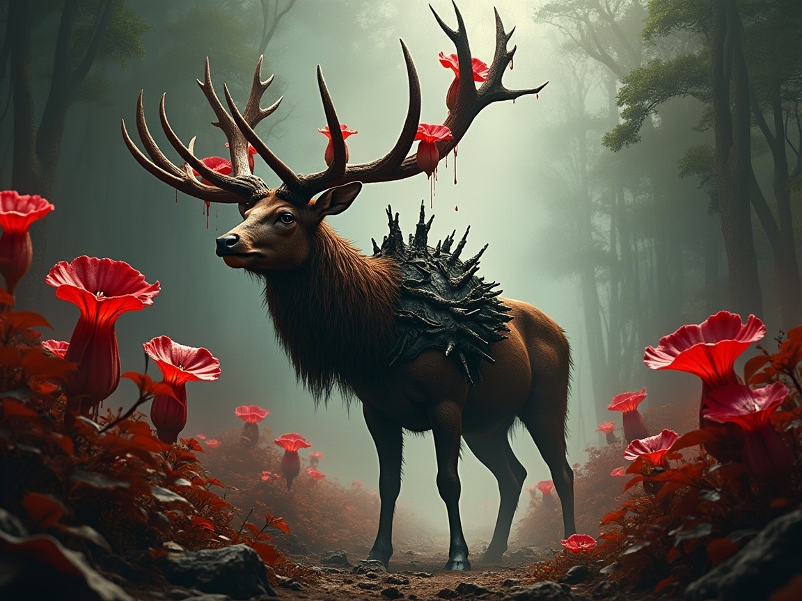 Majestic Stag in Misty Forest with Red Flowers