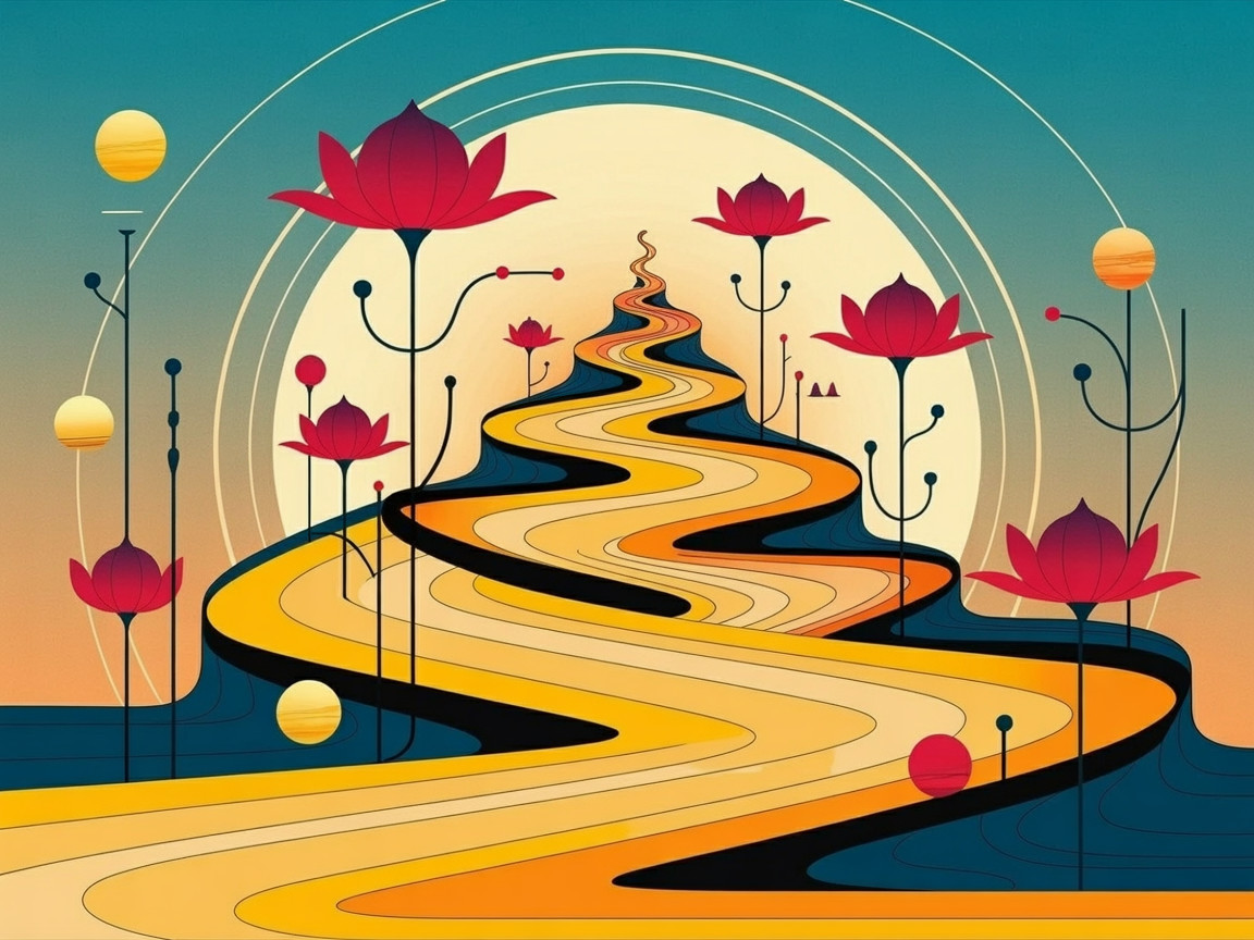 Winding Pathway in a Vibrant Landscape with Lotus Flowers
