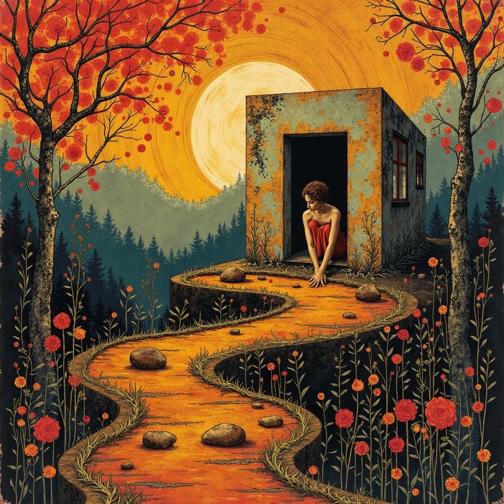 Surreal Landscape with Orange Path and Abstract House