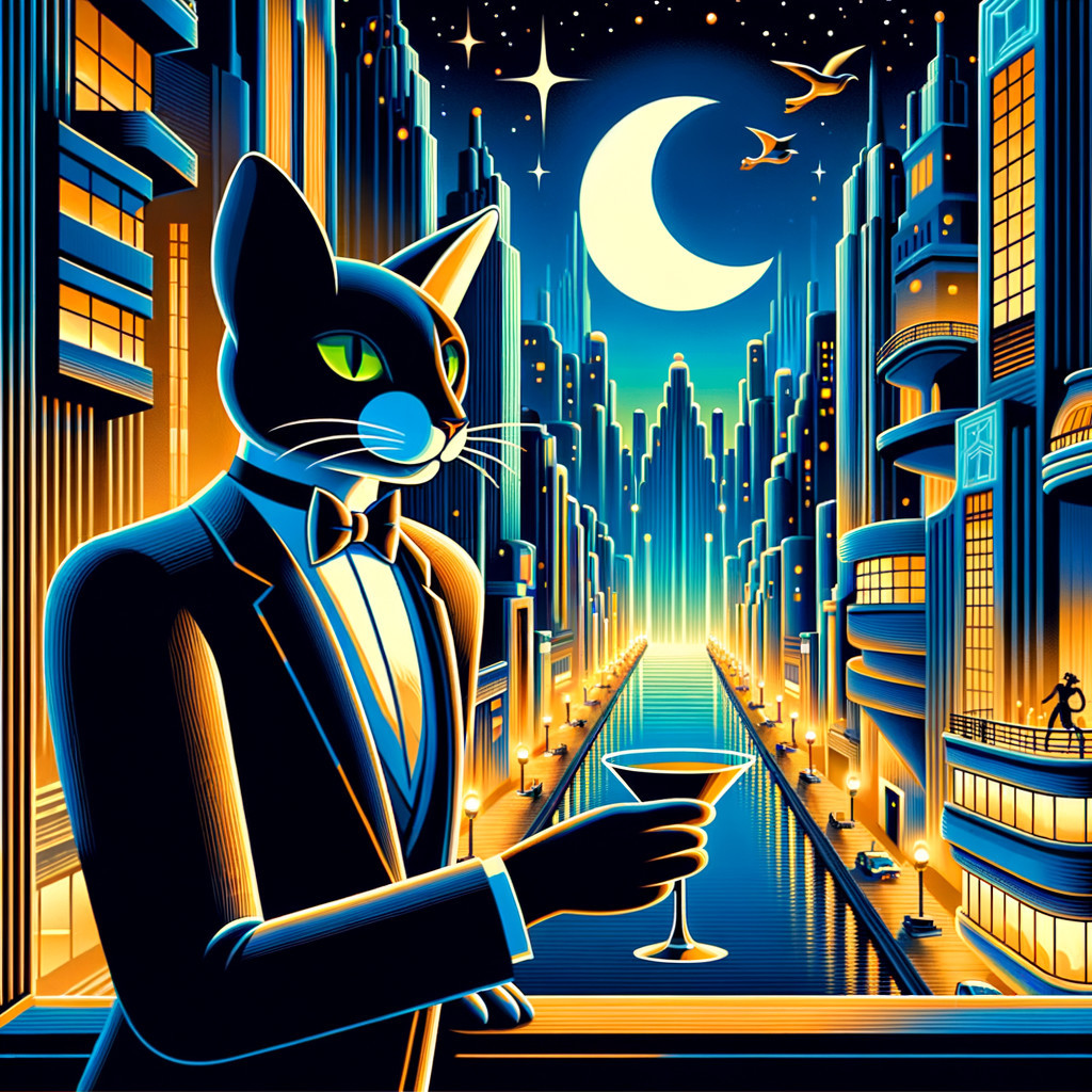 Dapper Cat in Tuxedo Overlooks Futuristic Cityscape