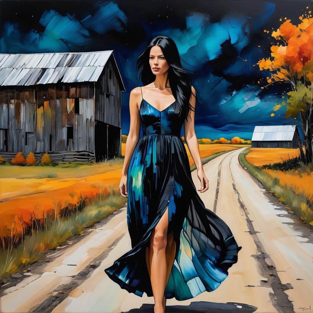 Woman in Blue Dress on Dusty Road in Autumn Landscape
