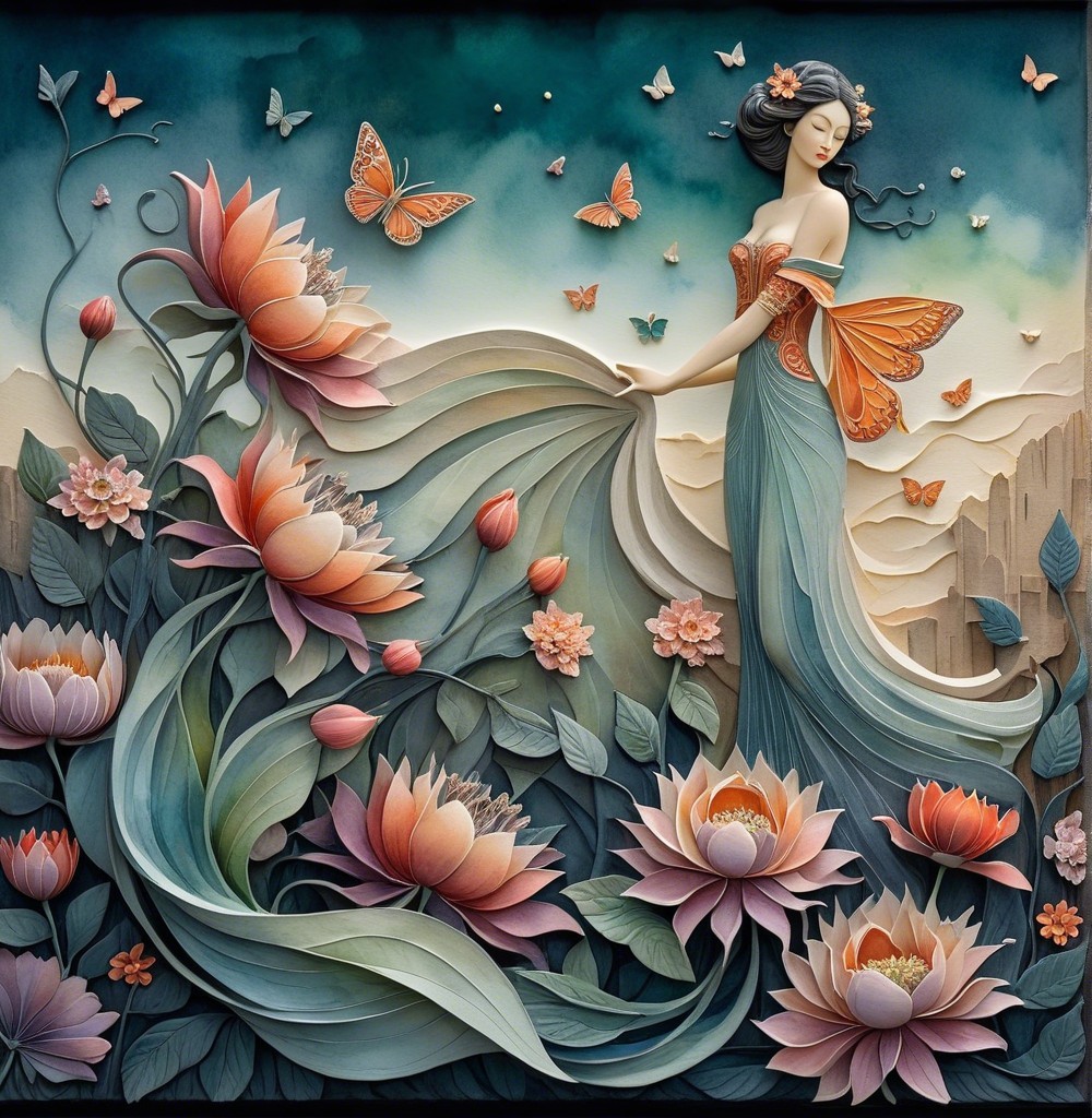 Graceful Figure in Flowing Dress Surrounded by Nature