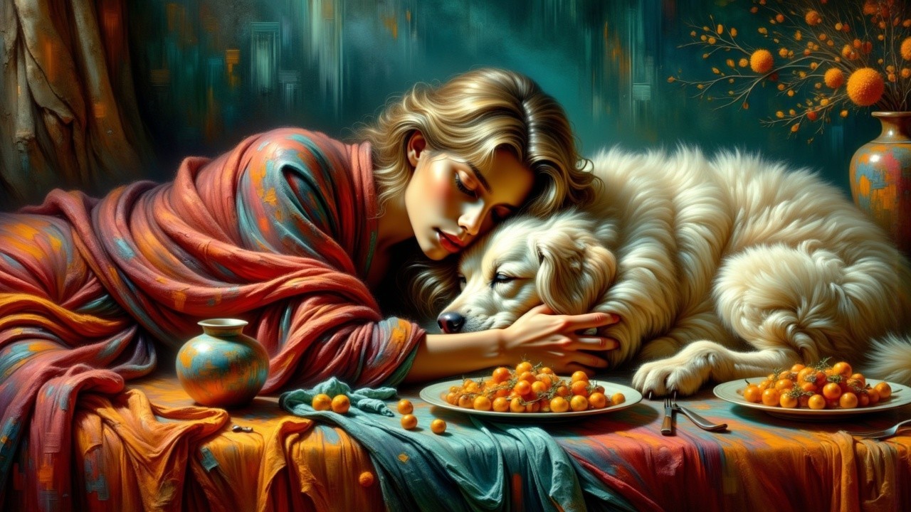 Serene Scene of Woman and Dog in Warm Colors