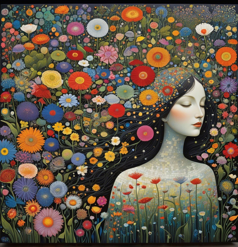 Serene Woman Amidst Vibrant Floral Landscape