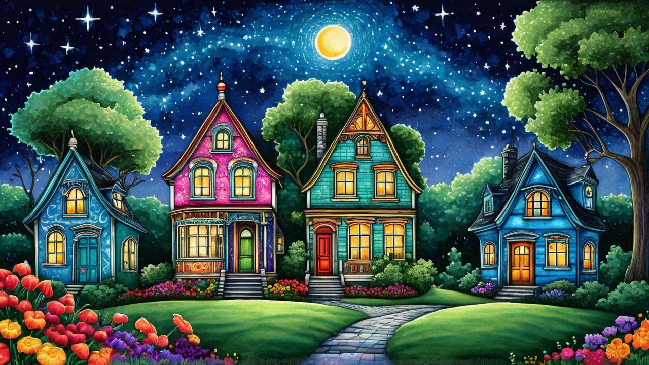 Colorful Victorian Houses in a Whimsical Night Scene