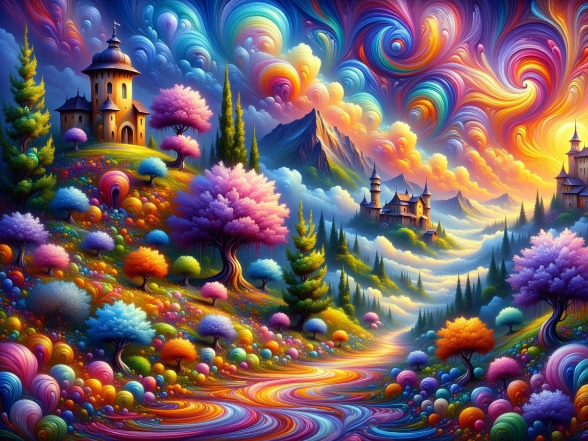 Vibrant Fantasy Landscape with Colorful Cottages