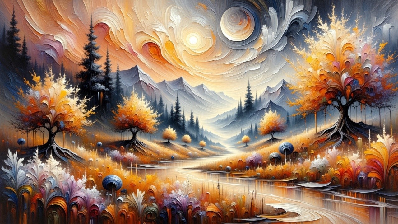 Vibrant Autumn Landscape with Serene River and Mountains