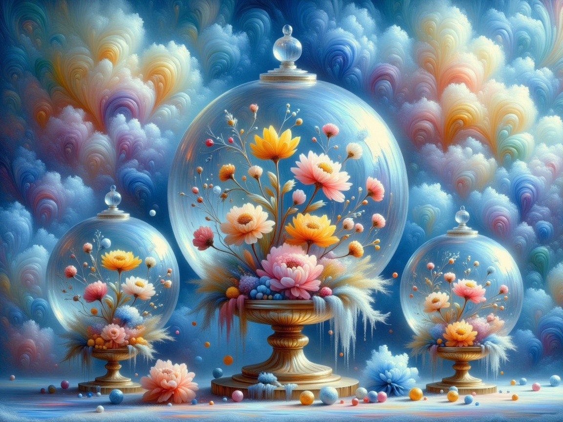 Ornate Glass Domes with Pastel Flower Bouquets