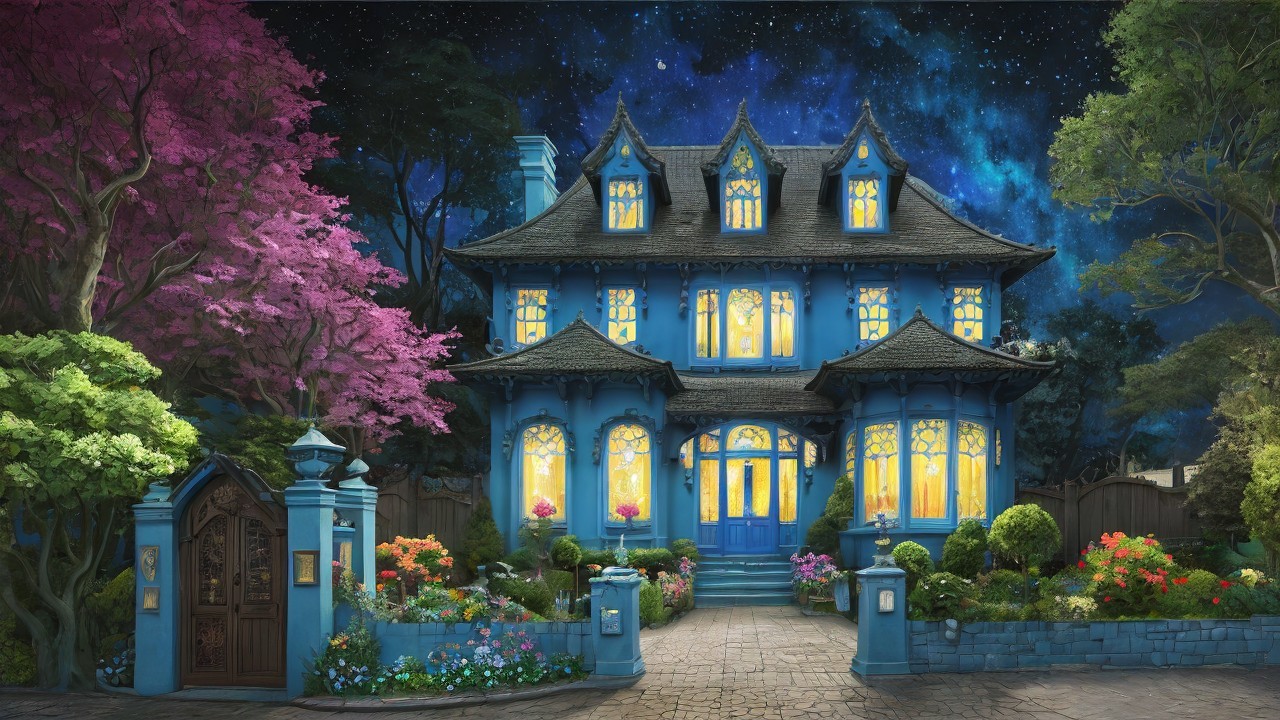 Whimsical Blue Mansion Surrounded by Vibrant Gardens