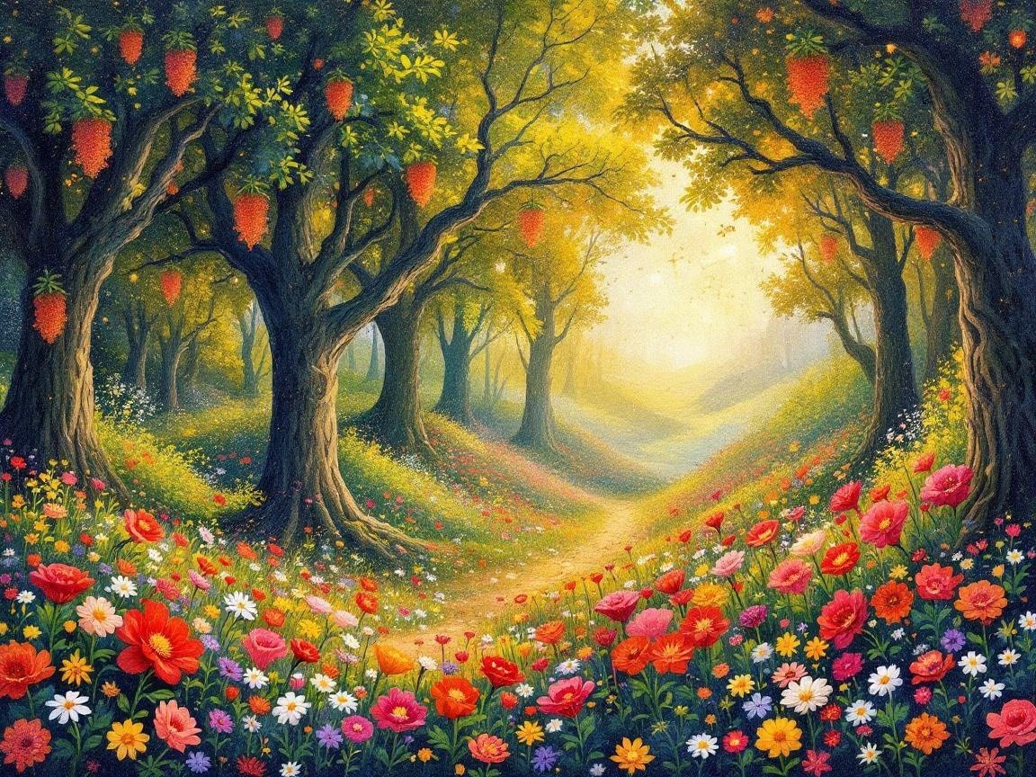 Vibrant Forest Scene with Blossoms and Colorful Flowers