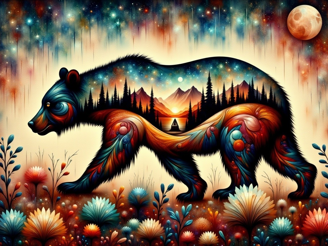 Vibrant Artistic Bear with Intricate Patterns and Landscape