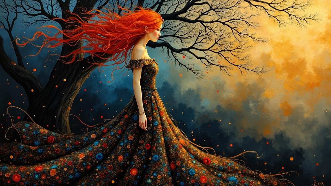 Woman in Floral Dress Against Sunset and Trees