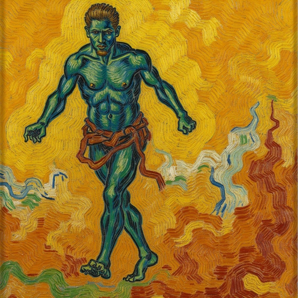 Muscular Figure with Blue-Green Skin on Yellow Background