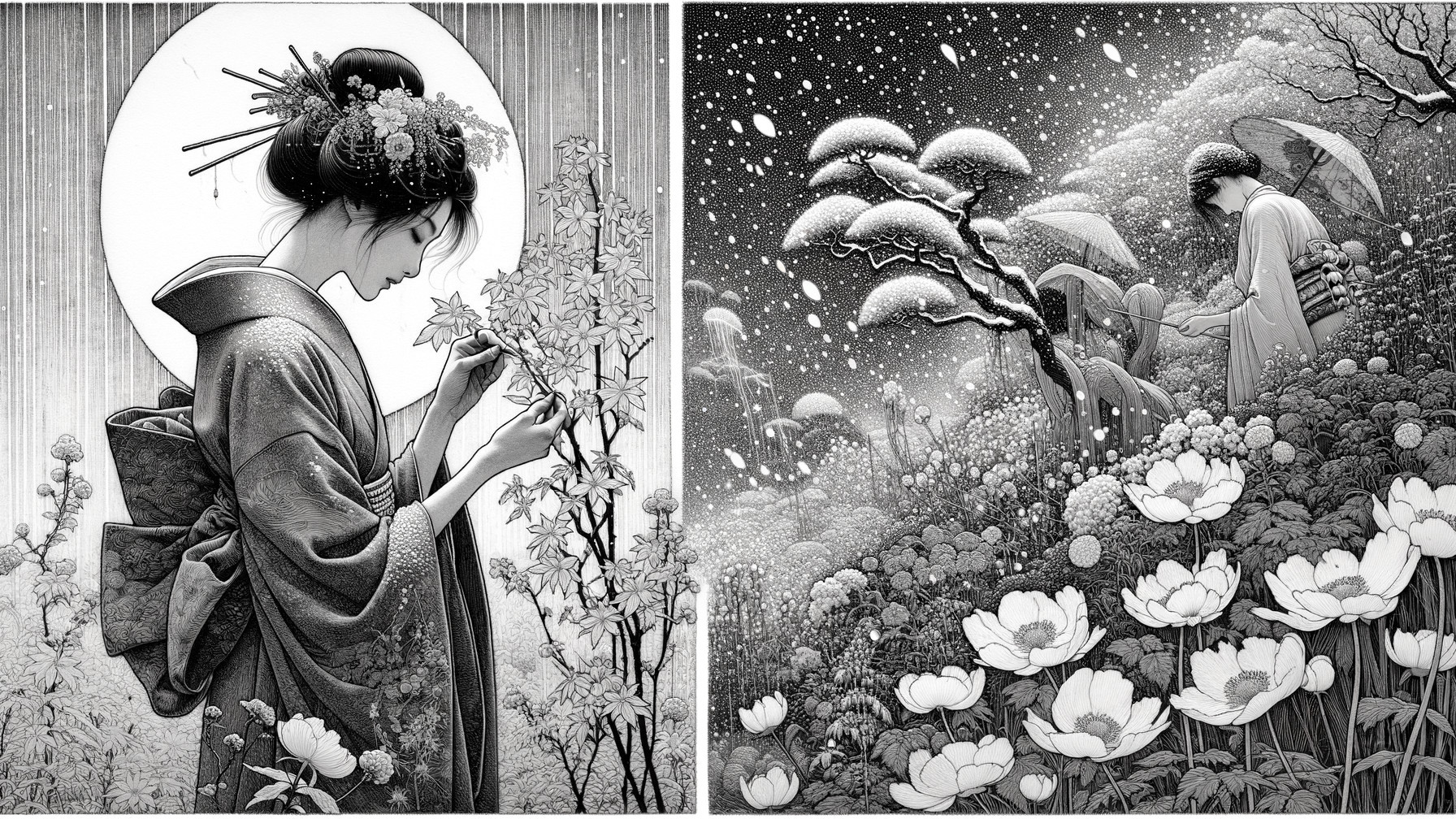 Detailed Black-and-White Illustrations of Women in Nature