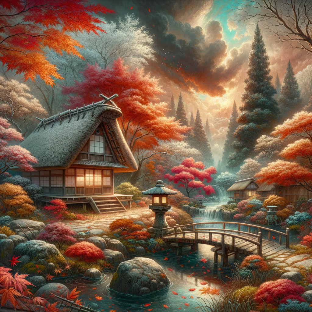 Traditional Japanese House in Autumn Landscape