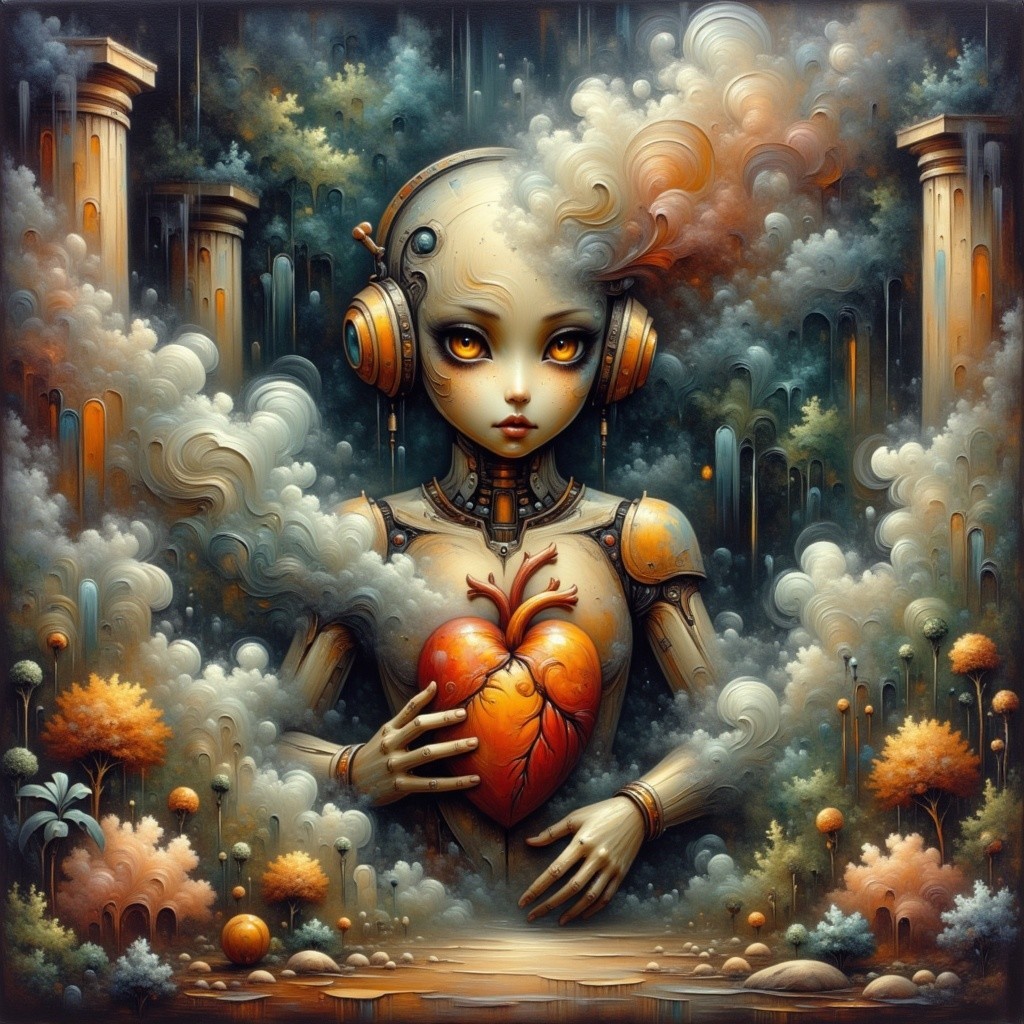 Whimsical Robot Girl with Heart in Surreal Landscape
