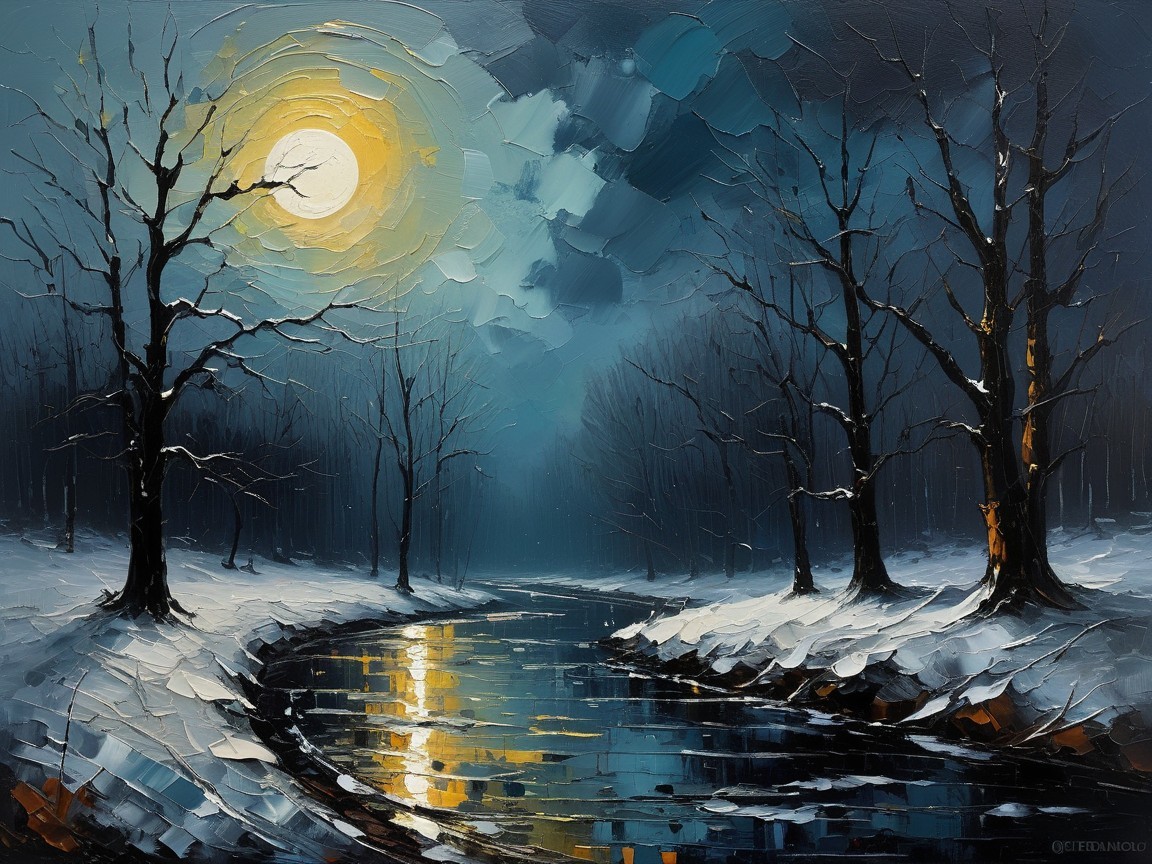 Moonlit Winter Landscape with Snow and River