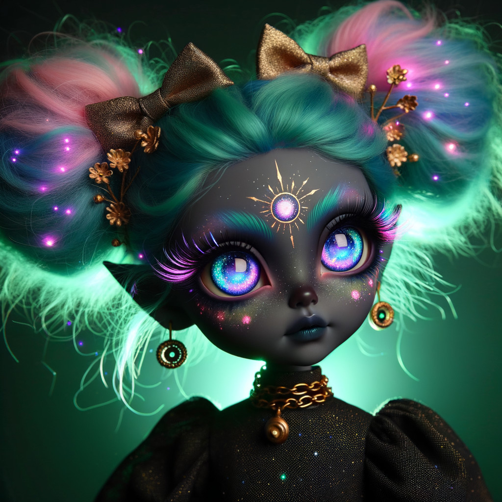 Whimsical doll with turquoise hair and cosmic patterns