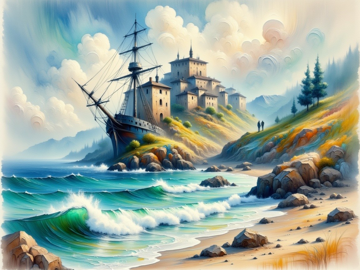 Coastal Scene with Ship, Shore, and Charming Buildings