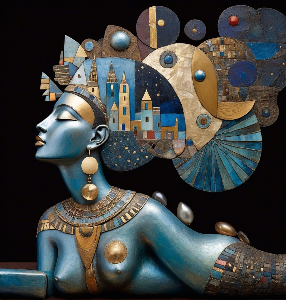 Stylized Woman Figure with Intricate Jewelry and Colors