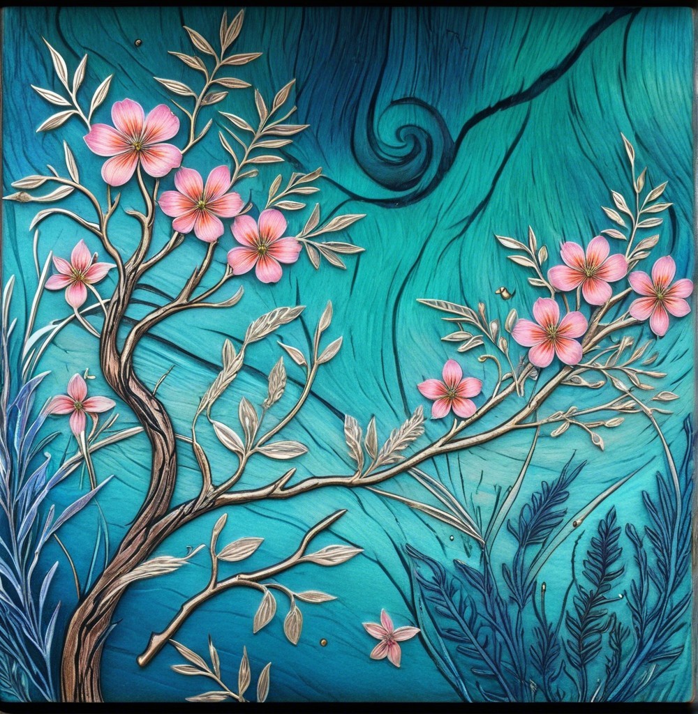 Intricate Flowering Branch with Pink Blossoms and Turquoise