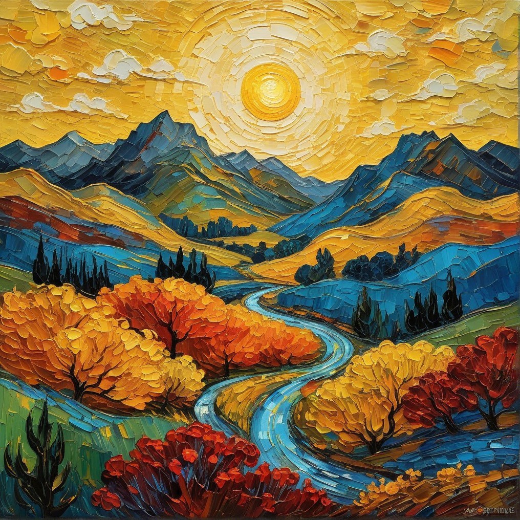 Vibrant Autumn Landscape with Rolling Hills and Mountains