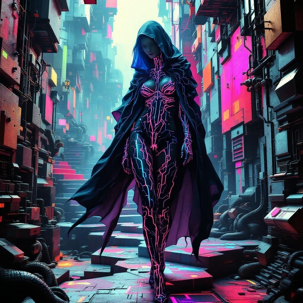 Futuristic figure in neon-lit cyberpunk alley
