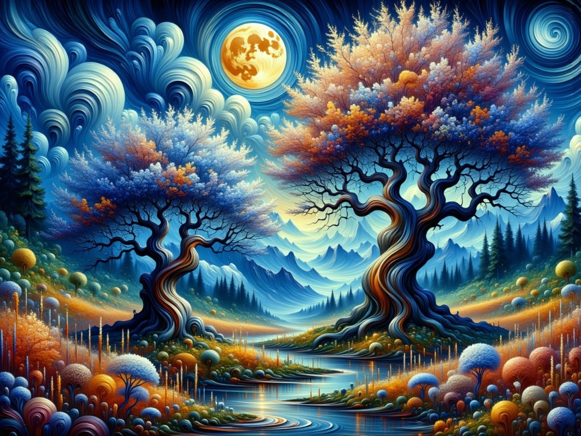 Vibrant Fantastical Landscape with Majestic Trees