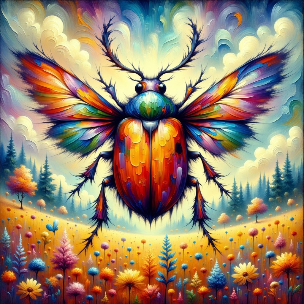 Surreal Landscape with Colorful Beetle and Flowers