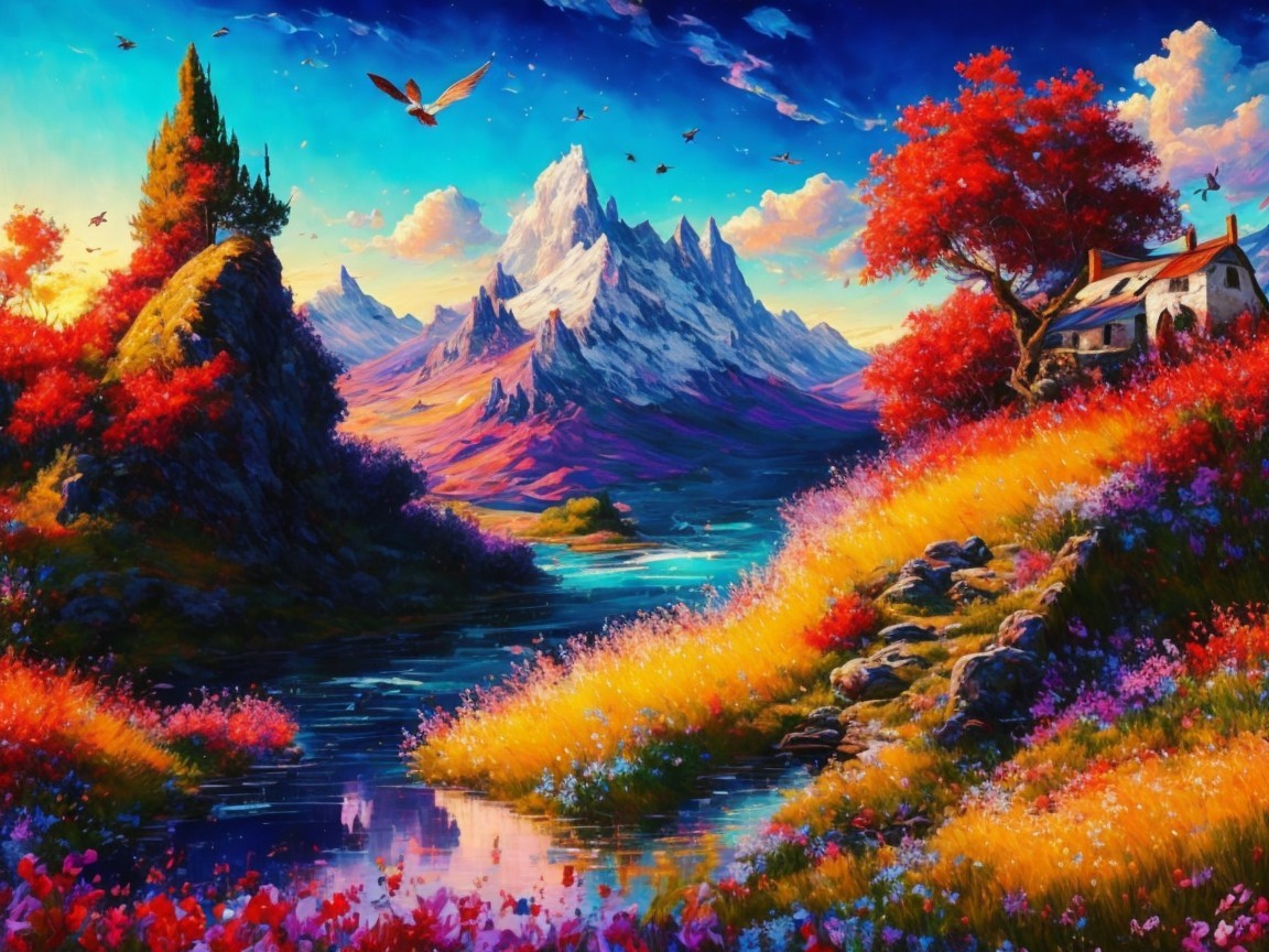 Vibrant Landscape with Mountains, River, and Cottage