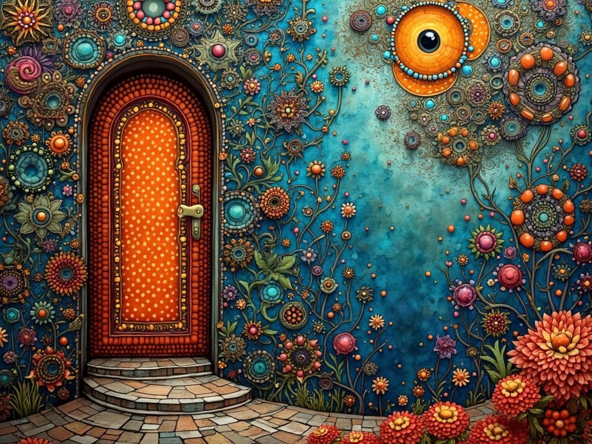 Vibrant Scene with Orange Polka Dot Door and Garden