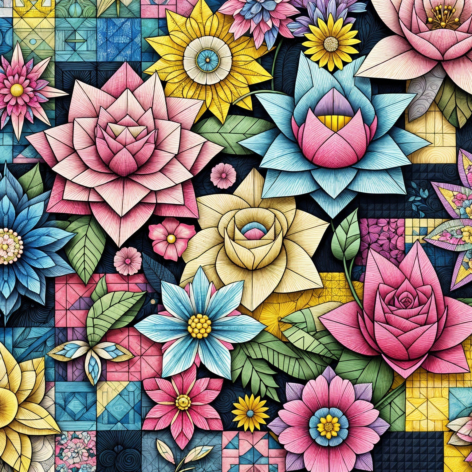 Vibrant Floral Pattern with Geometric Background