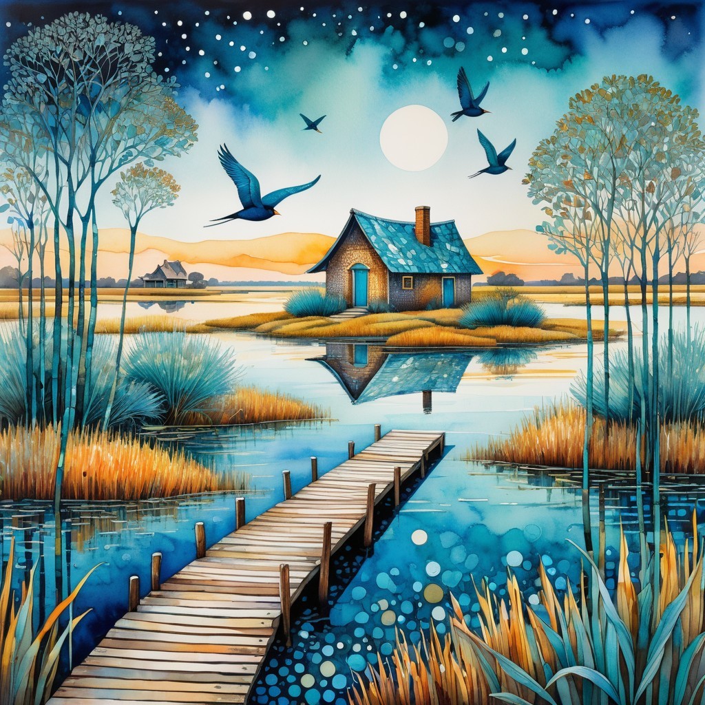 Cozy House by Tranquil Lake at Sunset with Stars