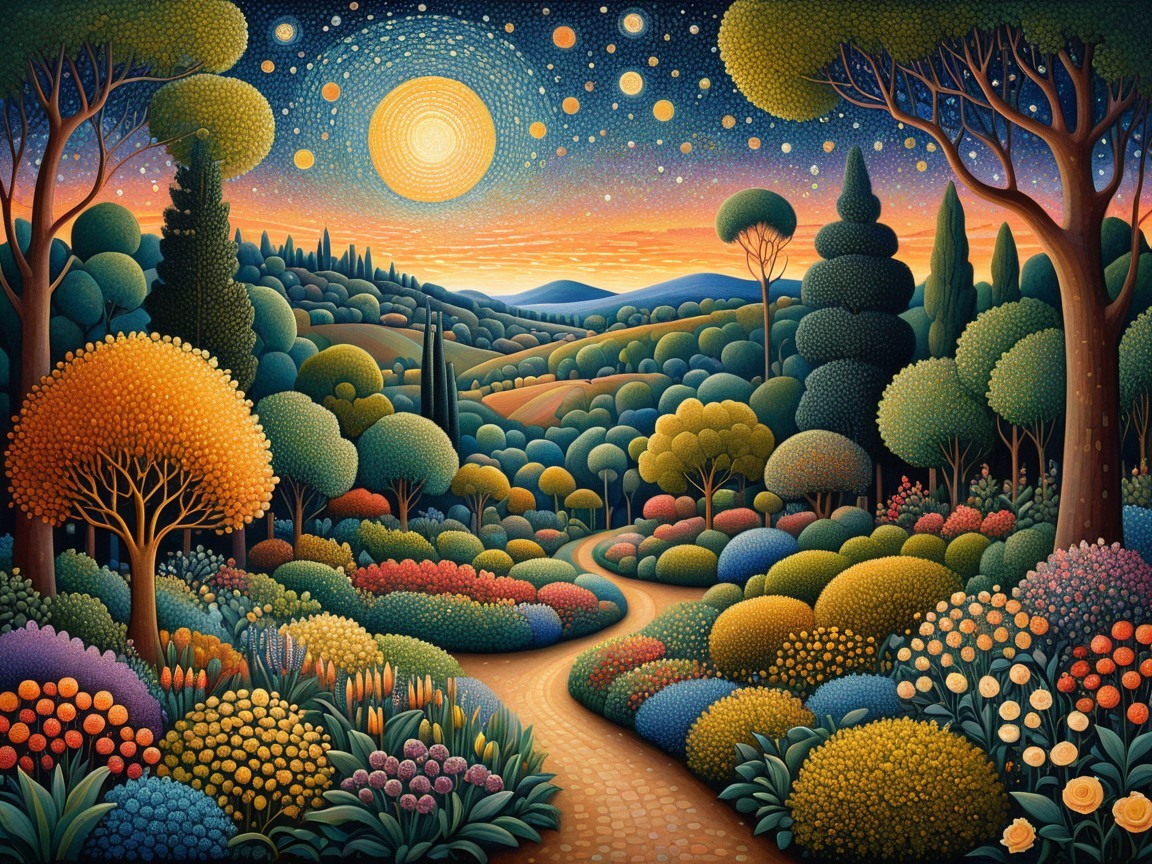 Vibrant Landscape with Winding Path and Starry Sky