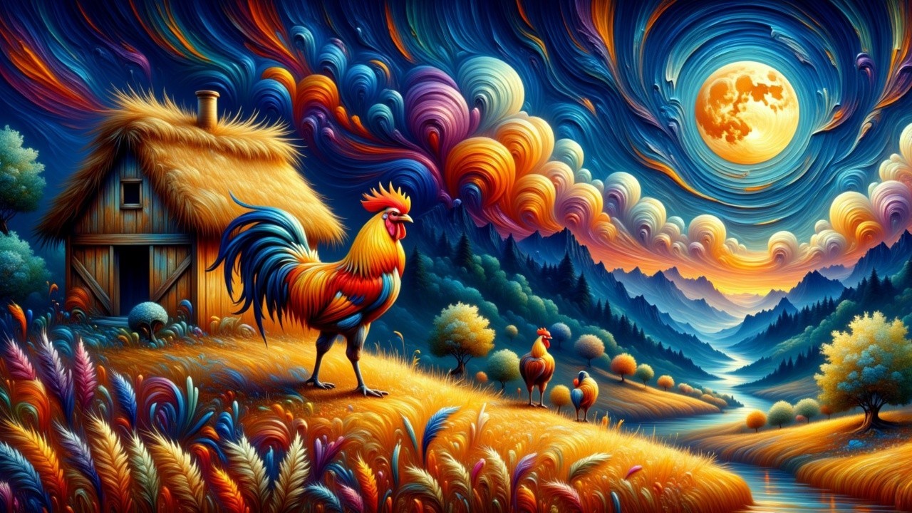 Vibrant Landscape with Rooster and Quaint Cottage
