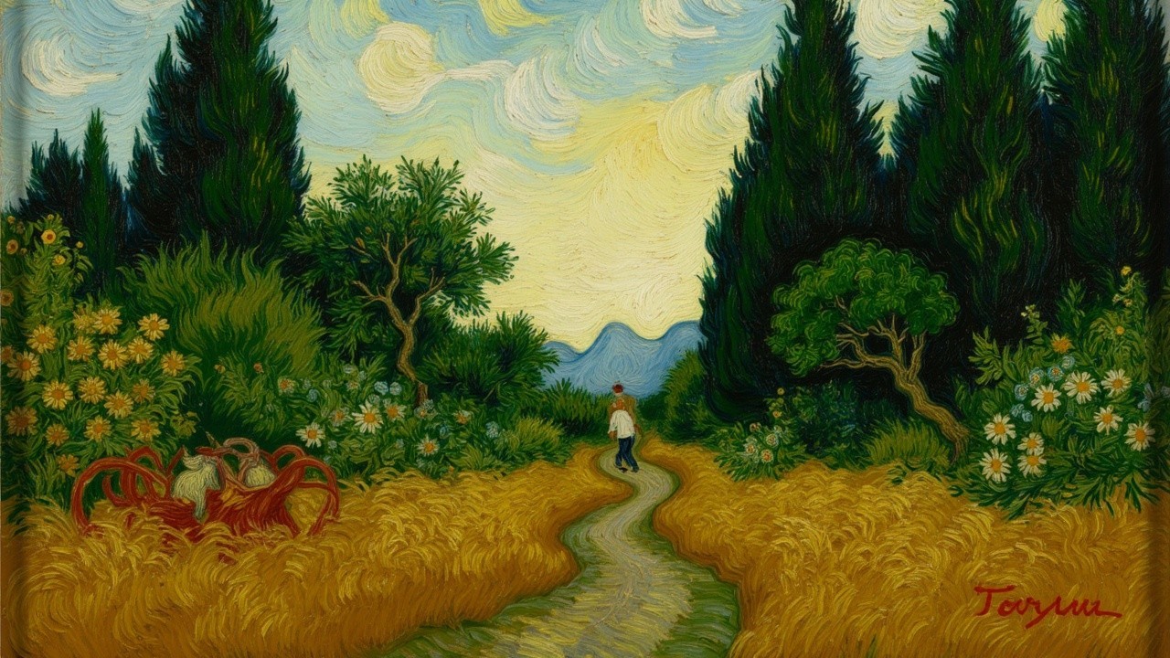 Winding Path Through Golden Fields and Greenery
