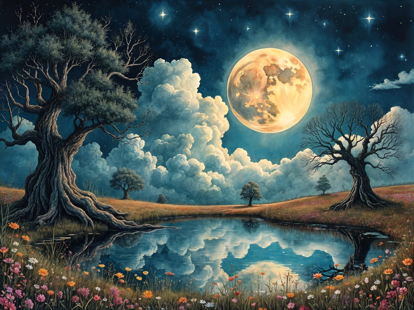 Ancient Trees and Moonlit Landscape at Night