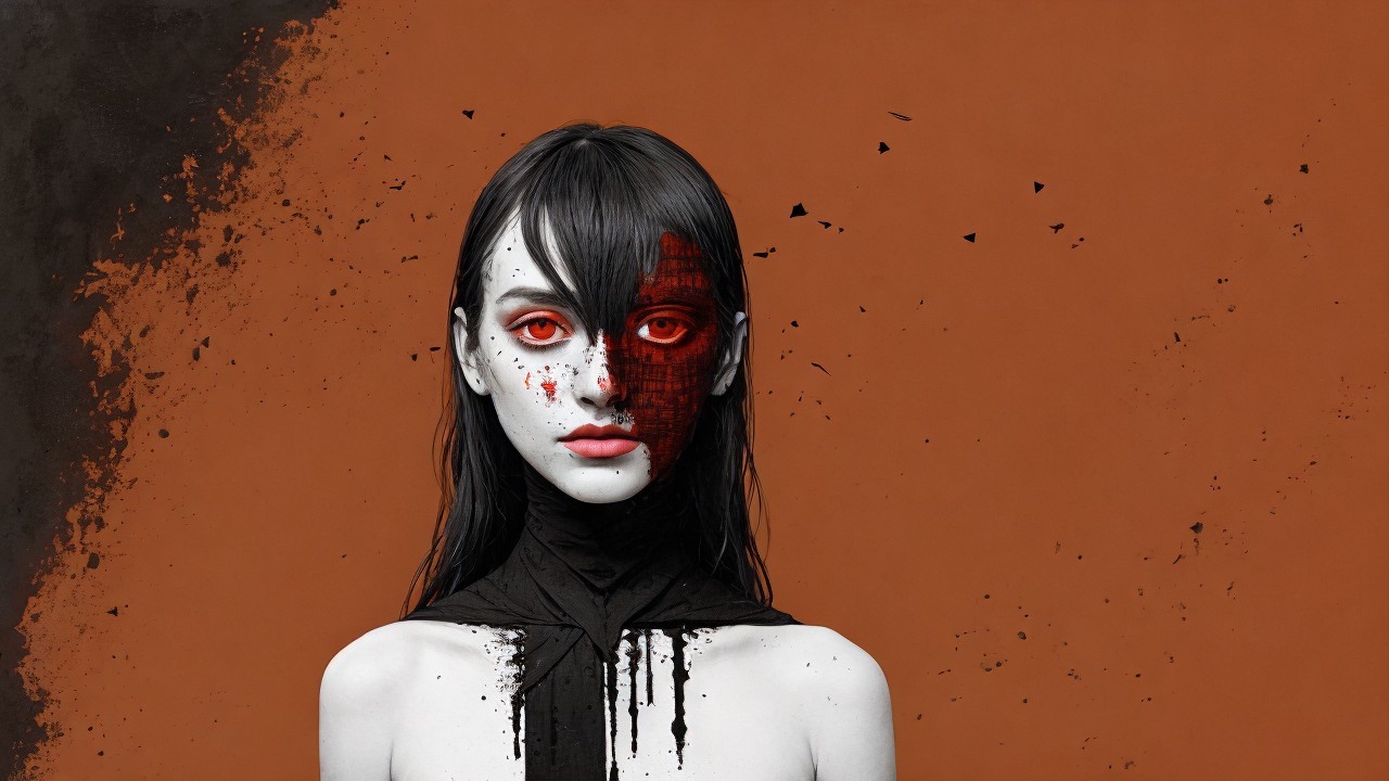 Half-Face Painted Red with Abstract Details and Contrast