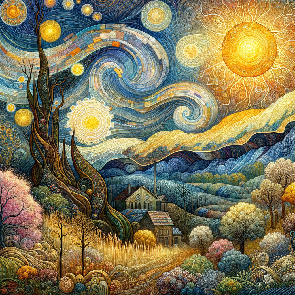 Vibrant Landscape with Swirling Skies and Rolling Hills