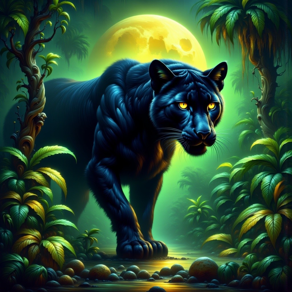 Black Panther in Lush Jungle Under Full Moonlight