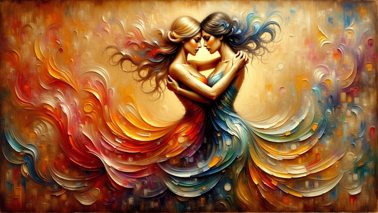 Intertwined Figures in Vibrant Flowing Dresses